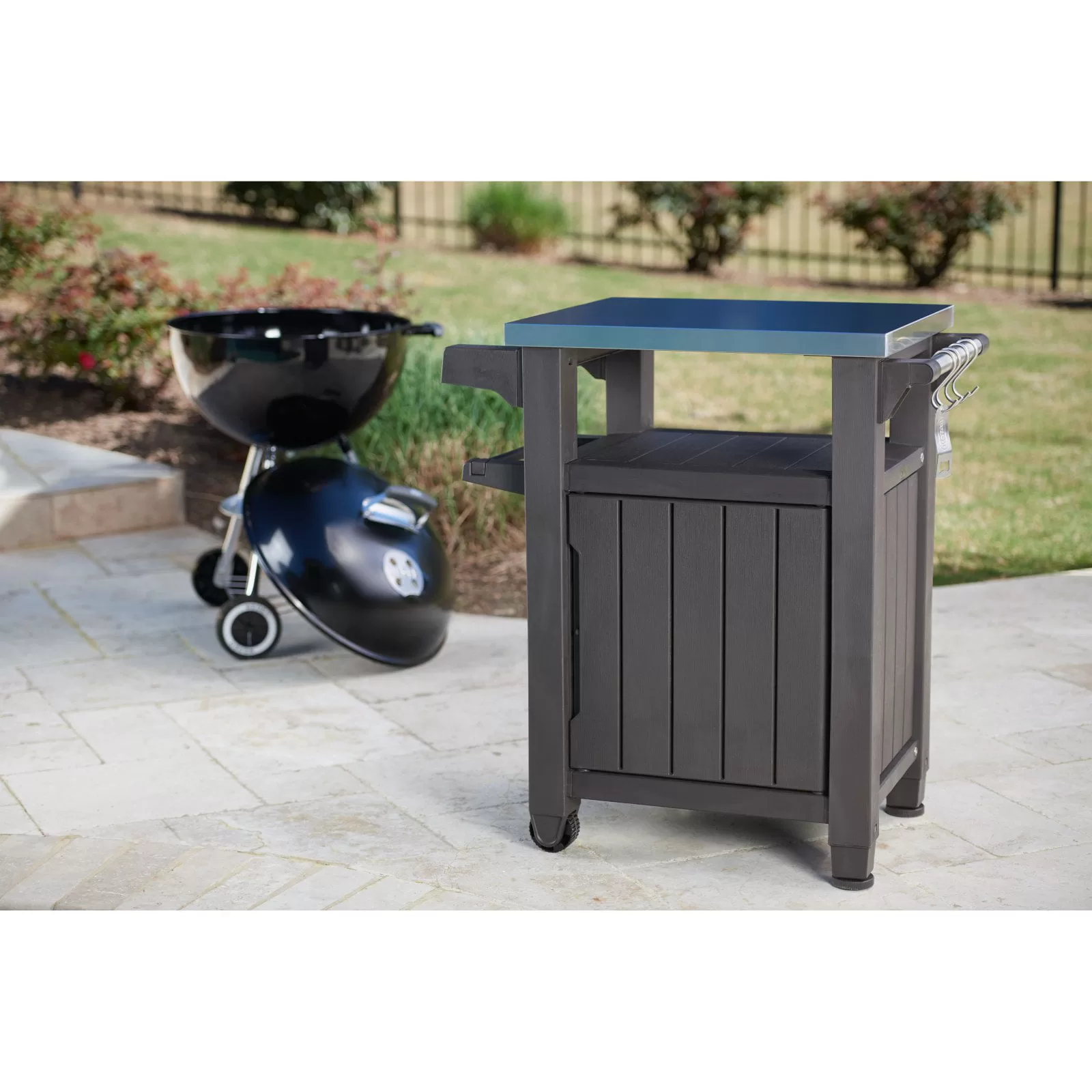 Keter Unity 40 Gal Patio Storage Grilling Bar Cart w/Stainless Steel Top, Brown