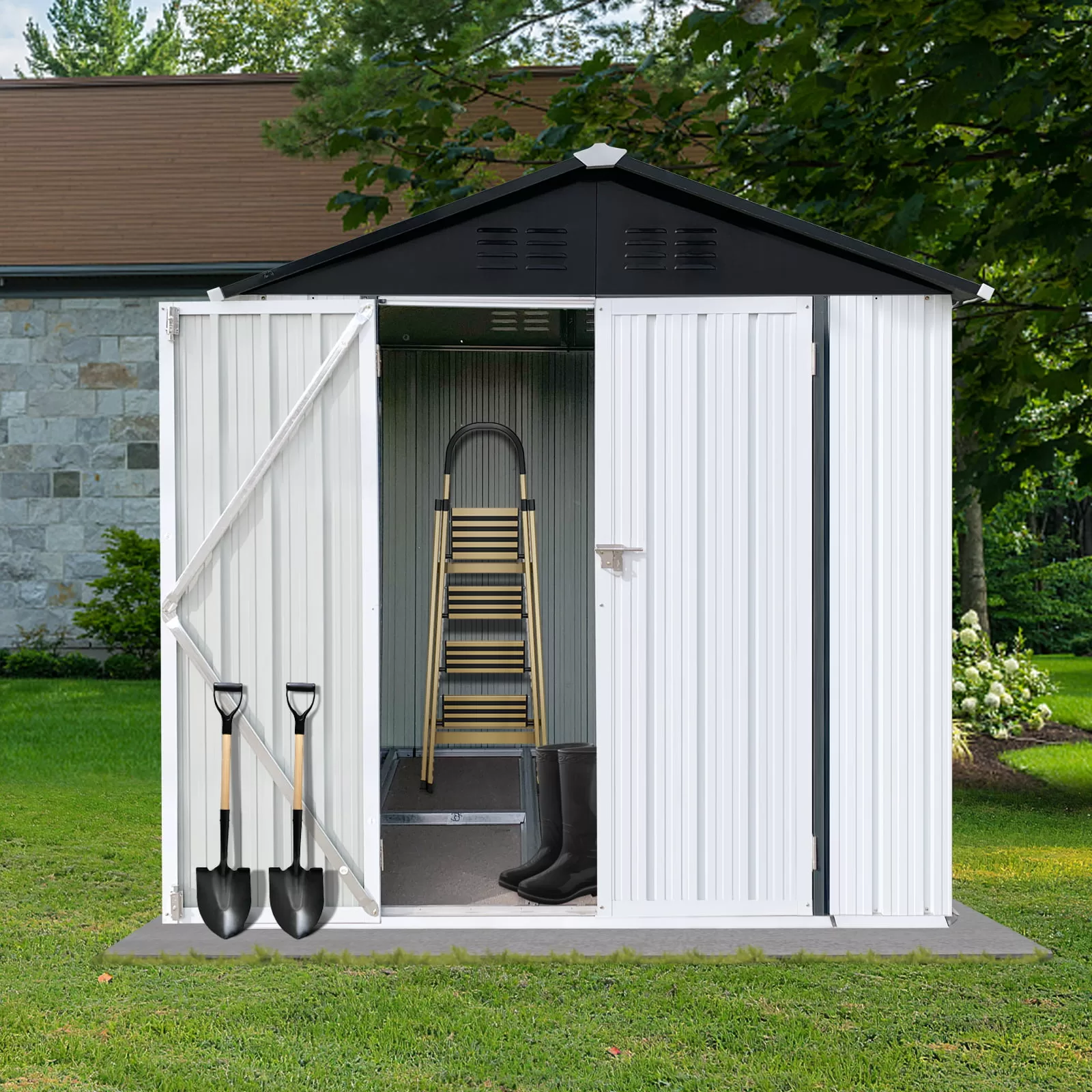6' x 4' Outdoor Metal Storage Shed, Galvanized Steel Garden Shed with Lockable Doors, Outdoor Storage Shed
