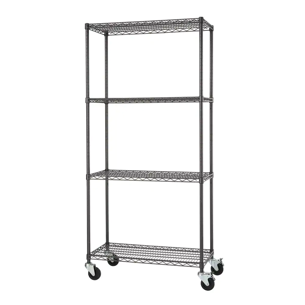 TRINITY TBFPBA-0920 PRO Black 4-Tier Rolling Steel Wire Garage Storage Shelving Unit (36 in. W x 77 in. H x 18 in. D)
