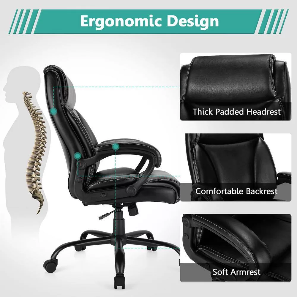 Costway Black 400 lbs. Big and Tall Leather Office Chair Adjustable High Back Task Chair