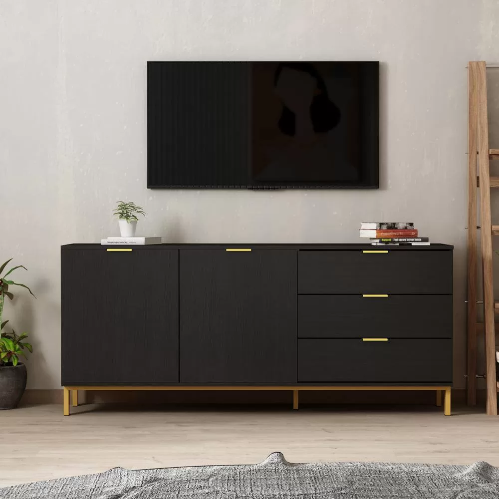 FUFU&GAGA 62.9 in. Wood Black TV Stand Entertainment Center with Storage Cabinet and 3-Drawers Fits TV's up to 70 in.