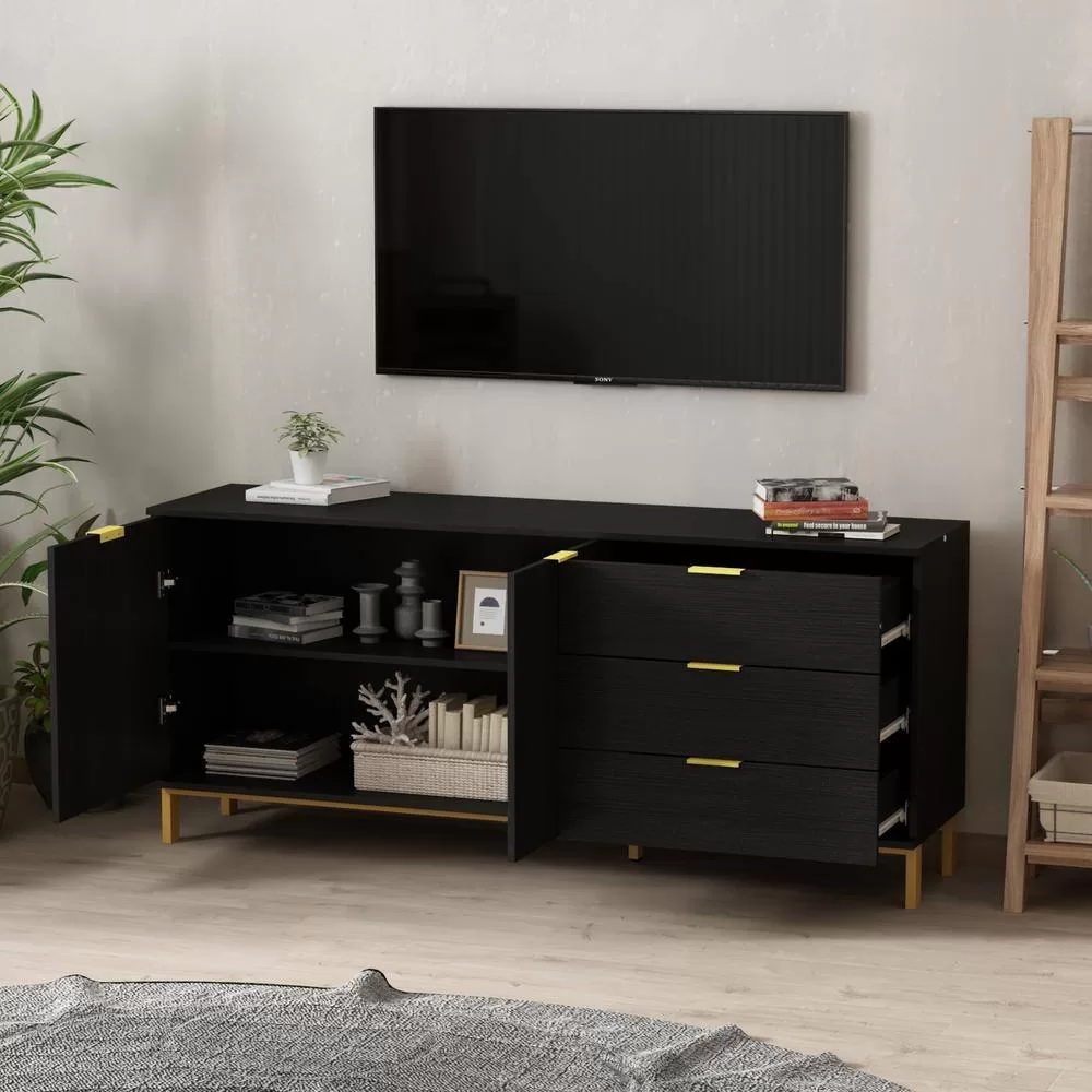 FUFU&GAGA 62.9 in. Wood Black TV Stand Entertainment Center with Storage Cabinet and 3-Drawers Fits TV's up to 70 in.