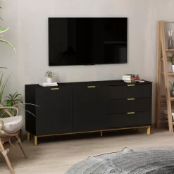 FUFU&GAGA 62.9 in. Wood Black TV Stand Entertainment Center with Storage Cabinet and 3-Drawers Fits TV's up to 70 in.