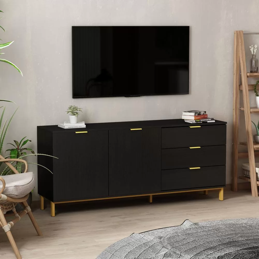FUFU&GAGA 62.9 in. Wood Black TV Stand Entertainment Center with Storage Cabinet and 3-Drawers Fits TV's up to 70 in.