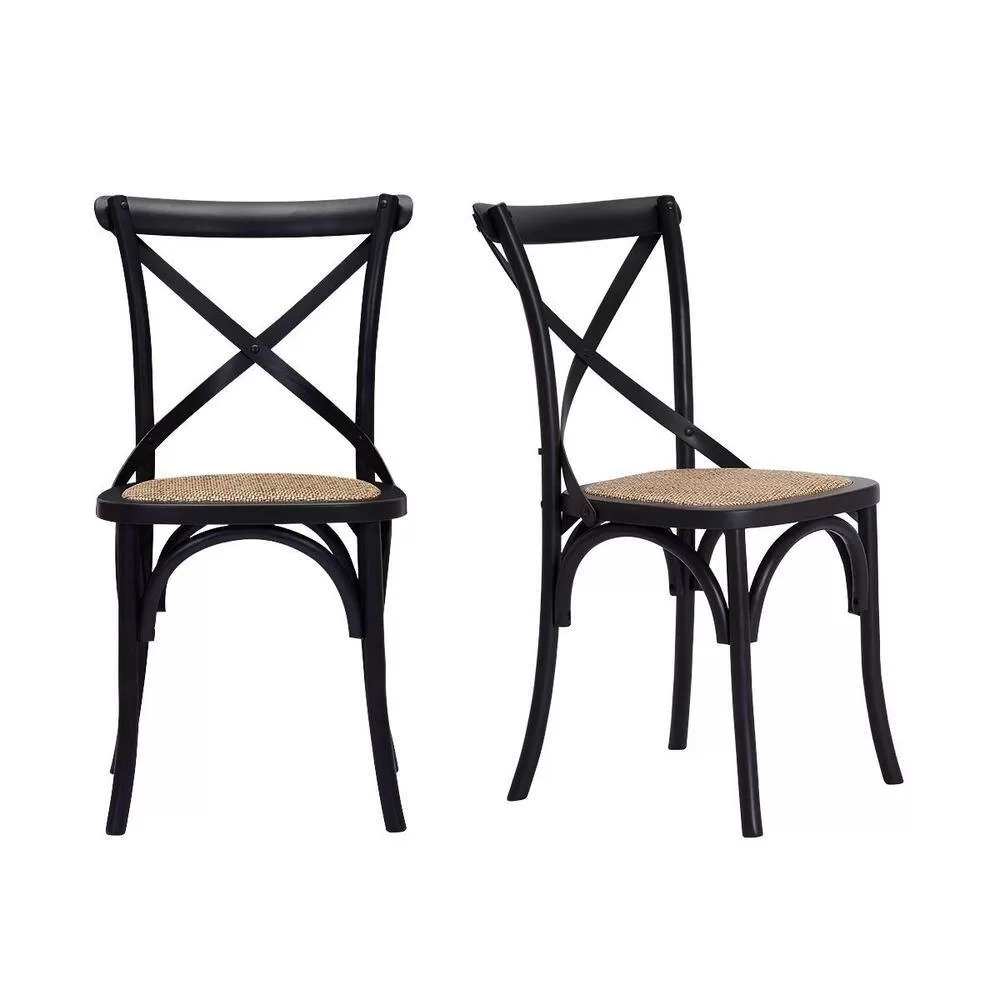 Home Decorators Collection Mavery Black Wood Dining Chair with Cross Back and Woven Seat (Set of 2) (19 in. W x 34.6 in. H)