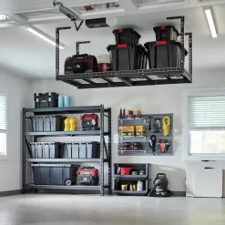 Husky ACR3296B-P Adjustable Height Overhead Ceiling Mount Garage Rack in Black (42 in. H x 96 in. W x 32 in. D)