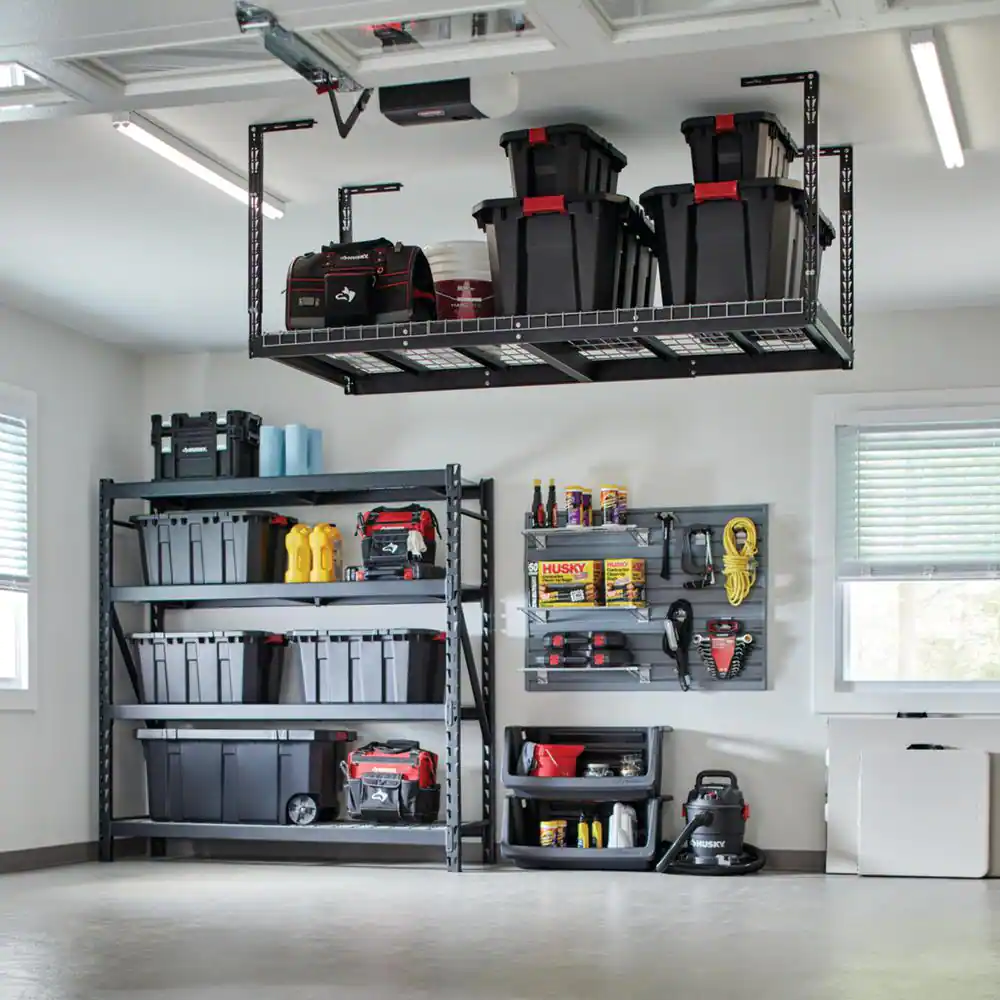 Husky ACR3296B-P Adjustable Height Overhead Ceiling Mount Garage Rack in Black (42 in. H x 96 in. W x 32 in. D)
