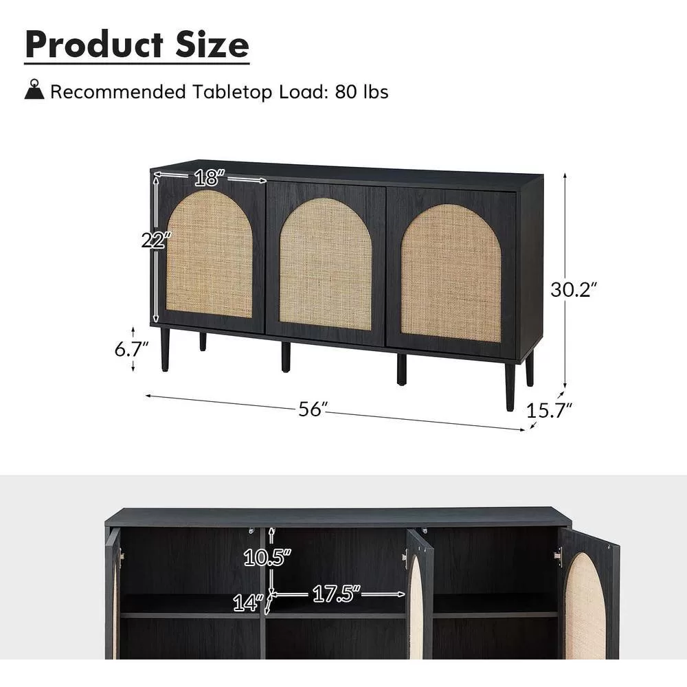JAYDEN CREATION Mercury 56 in. Wide Black Sideboard with 3-Doors - Image 10