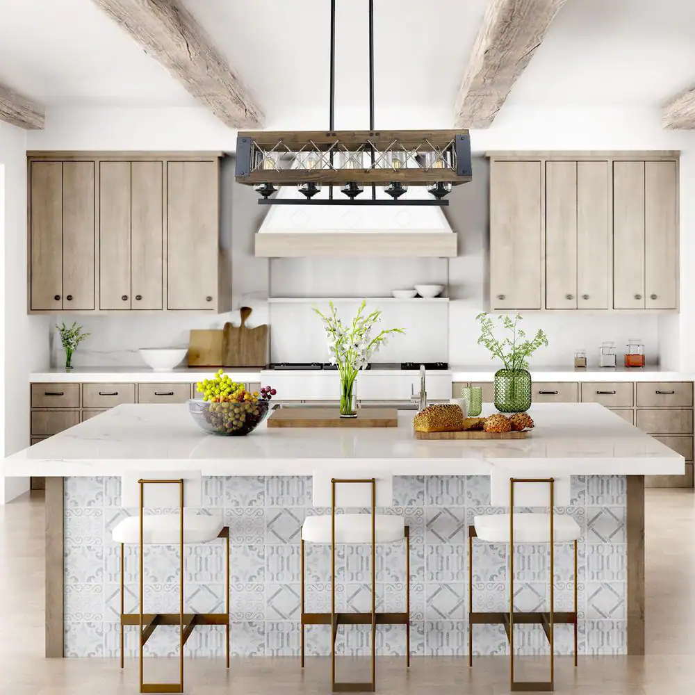 LNC A03145 Modern Farmhouse Chandelier 32 in. W Black Rectangular Dining Room Chandelier, 5-Light Kitchen Island Wood Pendant Light