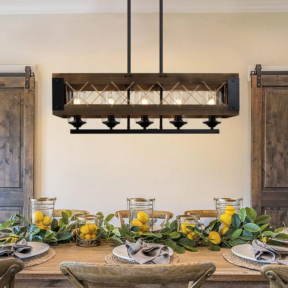 LNC A03145 Modern Farmhouse Chandelier 32 in. W Black Rectangular Dining Room Chandelier, 5-Light Kitchen Island Wood Pendant Light