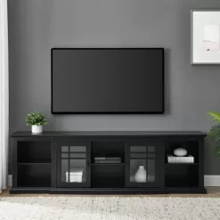 Welwick Designs 80 in. Black Transitional Wood and Glass-Door TV Stand with Cable Management (Max tv size 88 in.)