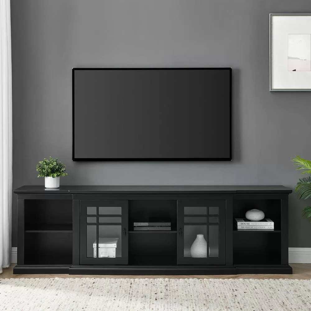 Welwick Designs 80 in. Black Transitional Wood and Glass-Door TV Stand with Cable Management (Max tv size 88 in.)