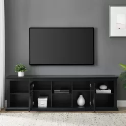 Welwick Designs 80 in. Black Transitional Wood and Glass-Door TV Stand with Cable Management (Max tv size 88 in.)
