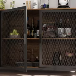 FUFU&GAGA 59 in. W Kitchen Brown Wood Buffet Sideboard Pantry Cabinet For Dining Room with Metal Mesh Doors, 3-Drawers, Shelves