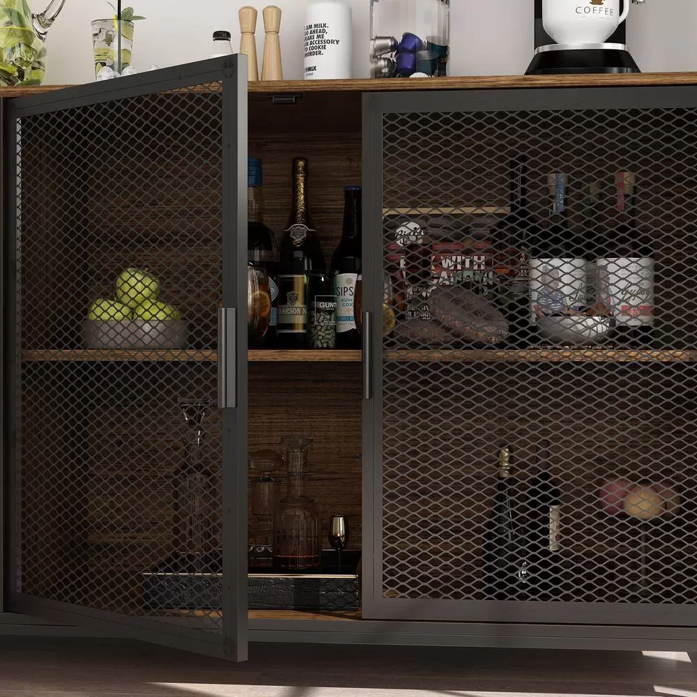 FUFU&GAGA 59 in. W Kitchen Brown Wood Buffet Sideboard Pantry Cabinet For Dining Room with Metal Mesh Doors, 3-Drawers, Shelves