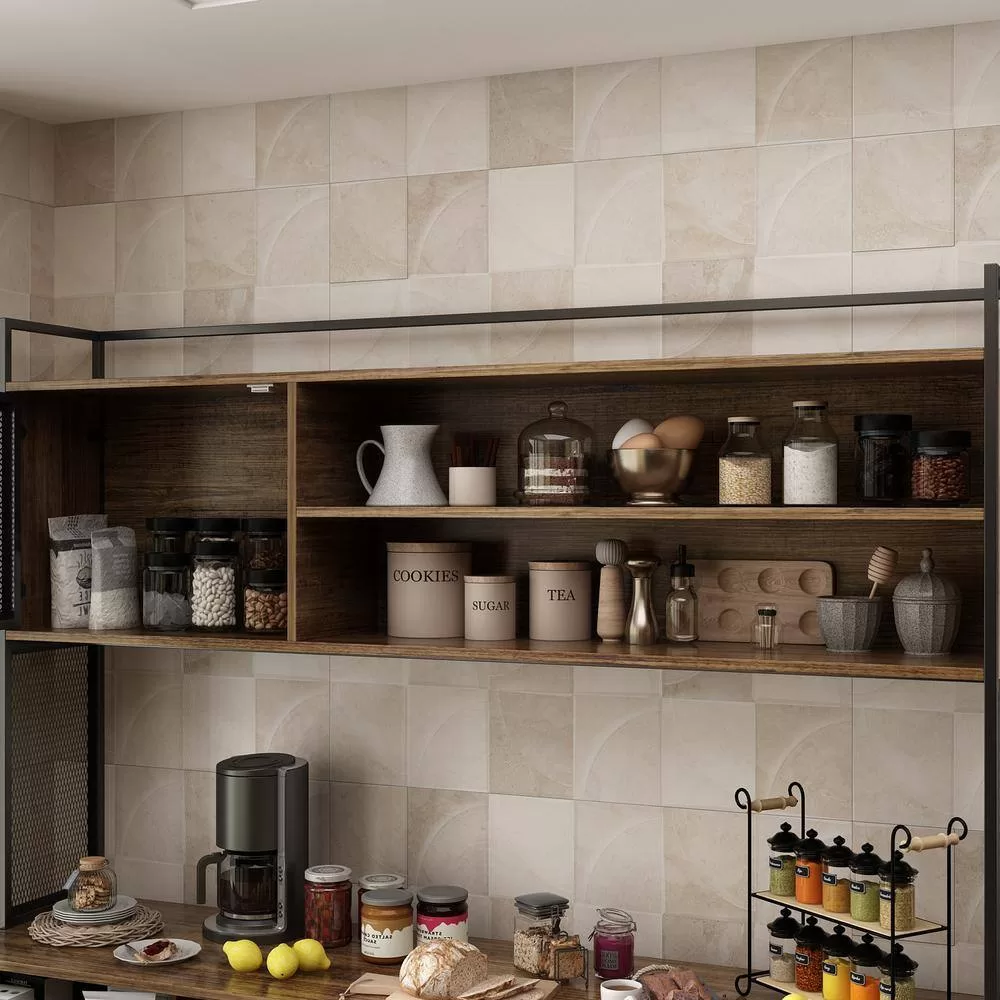 FUFU&GAGA 59 in. W Kitchen Brown Wood Buffet Sideboard Pantry Cabinet For Dining Room with Metal Mesh Doors, 3-Drawers, Shelves