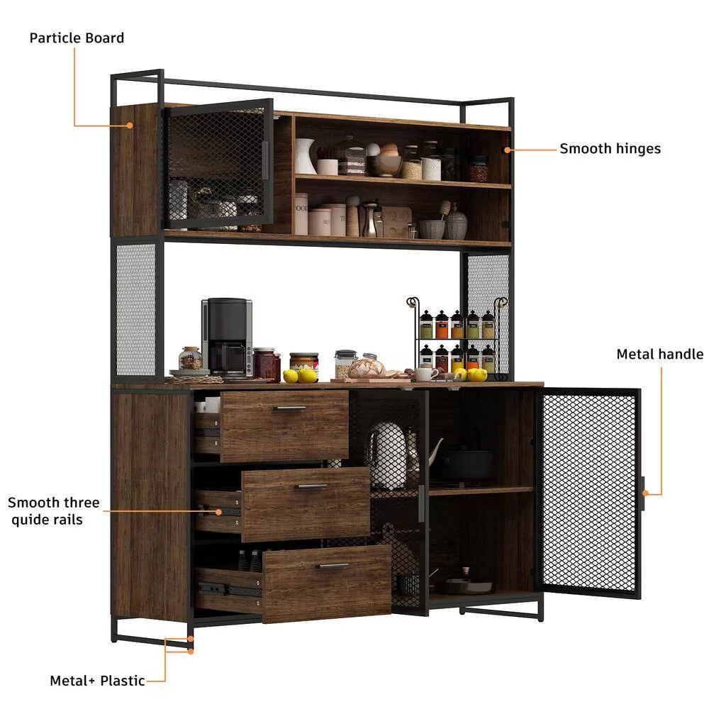 FUFU&GAGA 59 in. W Kitchen Brown Wood Buffet Sideboard Pantry Cabinet For Dining Room with Metal Mesh Doors, 3-Drawers, Shelves