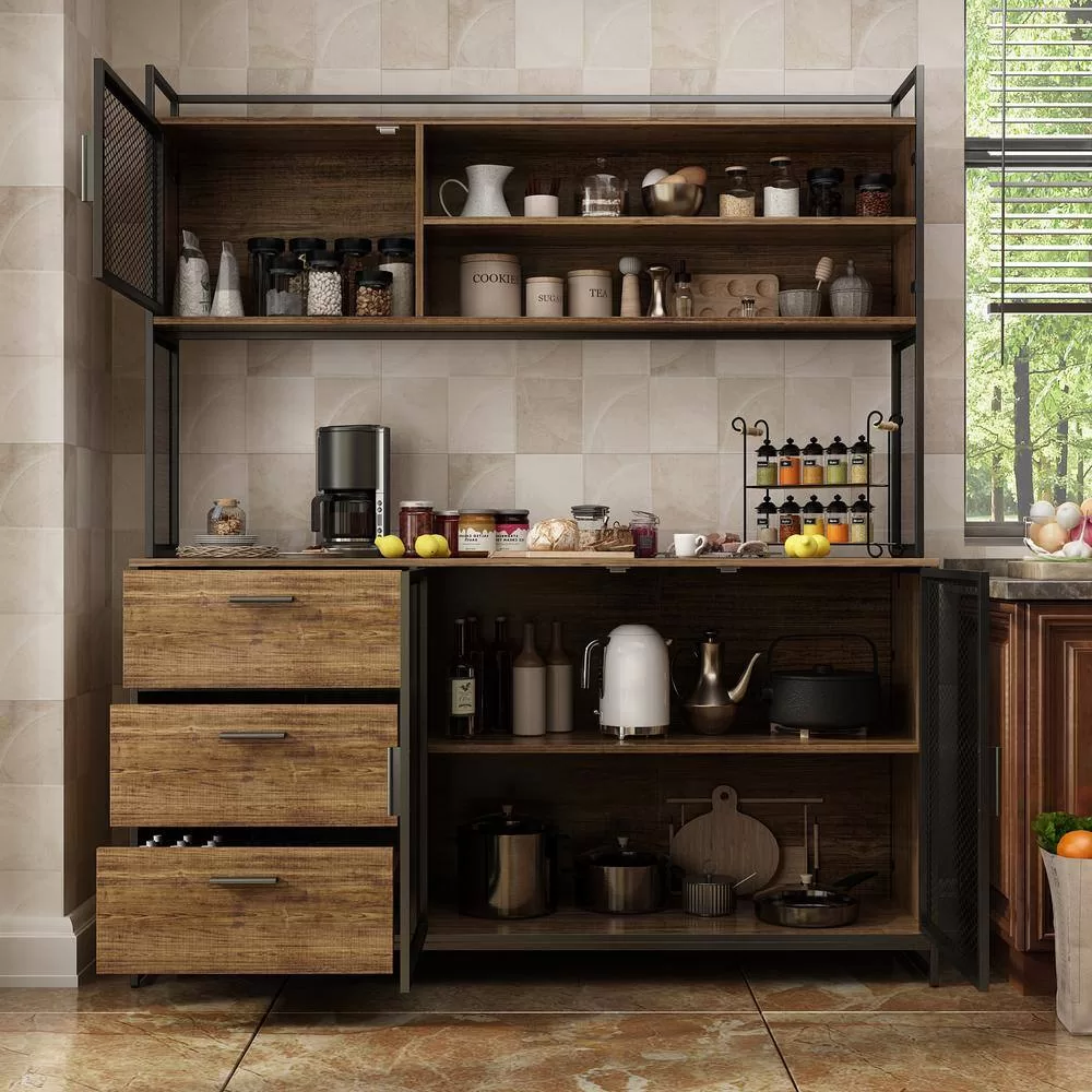 FUFU&GAGA 59 in. W Kitchen Brown Wood Buffet Sideboard Pantry Cabinet For Dining Room with Metal Mesh Doors, 3-Drawers, Shelves
