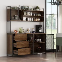 FUFU&GAGA 59 in. W Kitchen Brown Wood Buffet Sideboard Pantry Cabinet For Dining Room with Metal Mesh Doors, 3-Drawers, Shelves