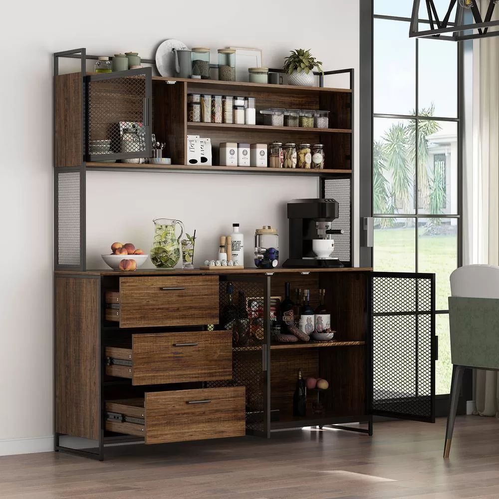 FUFU&GAGA 59 in. W Kitchen Brown Wood Buffet Sideboard Pantry Cabinet For Dining Room with Metal Mesh Doors, 3-Drawers, Shelves