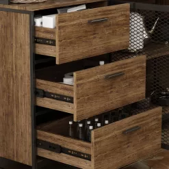FUFU&GAGA 59 in. W Kitchen Brown Wood Buffet Sideboard Pantry Cabinet For Dining Room with Metal Mesh Doors, 3-Drawers, Shelves