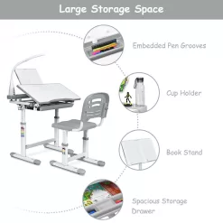 Gymax Height Adjustable Kids Desk Chair Set Study Drawing w/Lamp & Bookstand Gray