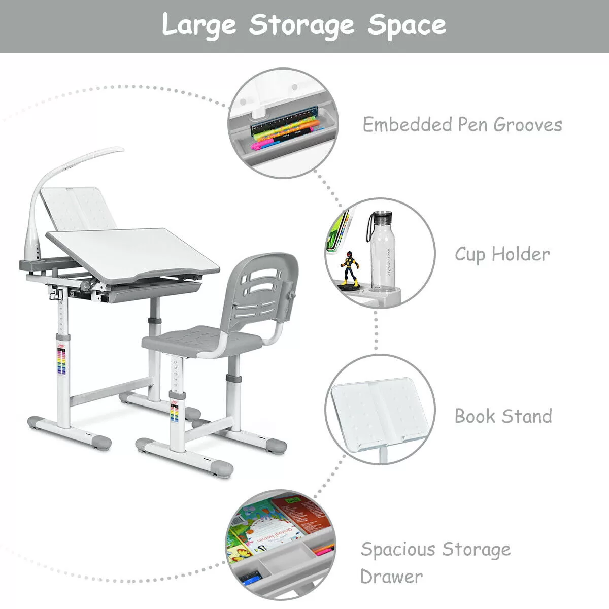 Gymax Height Adjustable Kids Desk Chair Set Study Drawing w/Lamp & Bookstand Gray