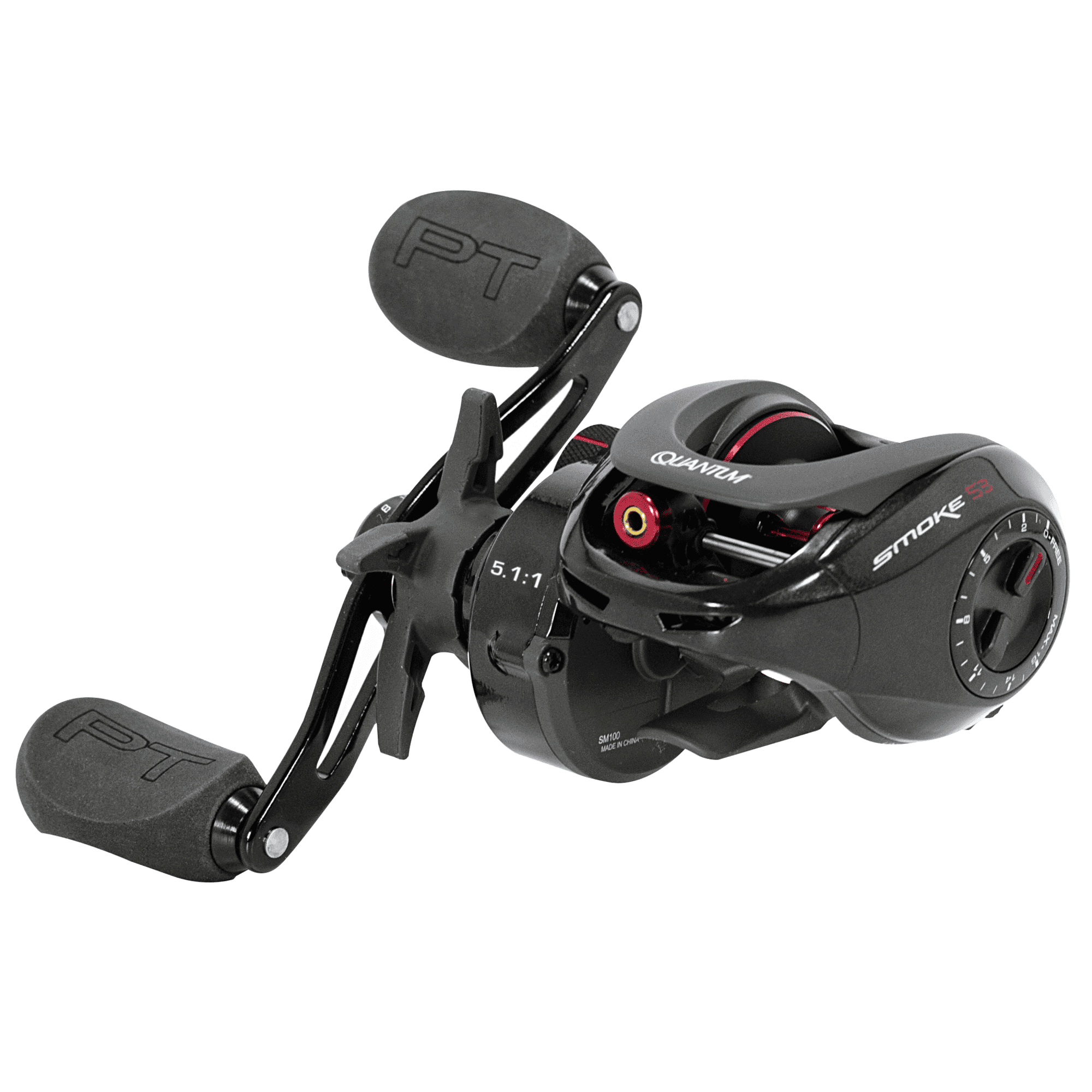 Quantum Smoke Baitcast Fishing Reel, Size 100 Reel, Right-Hand Retrieve, Large EVA Handle Knobs and Continuous Anti-Reverse Clutch, 10+1 Bearings, 5.1:1 Gear Ratio, Black
