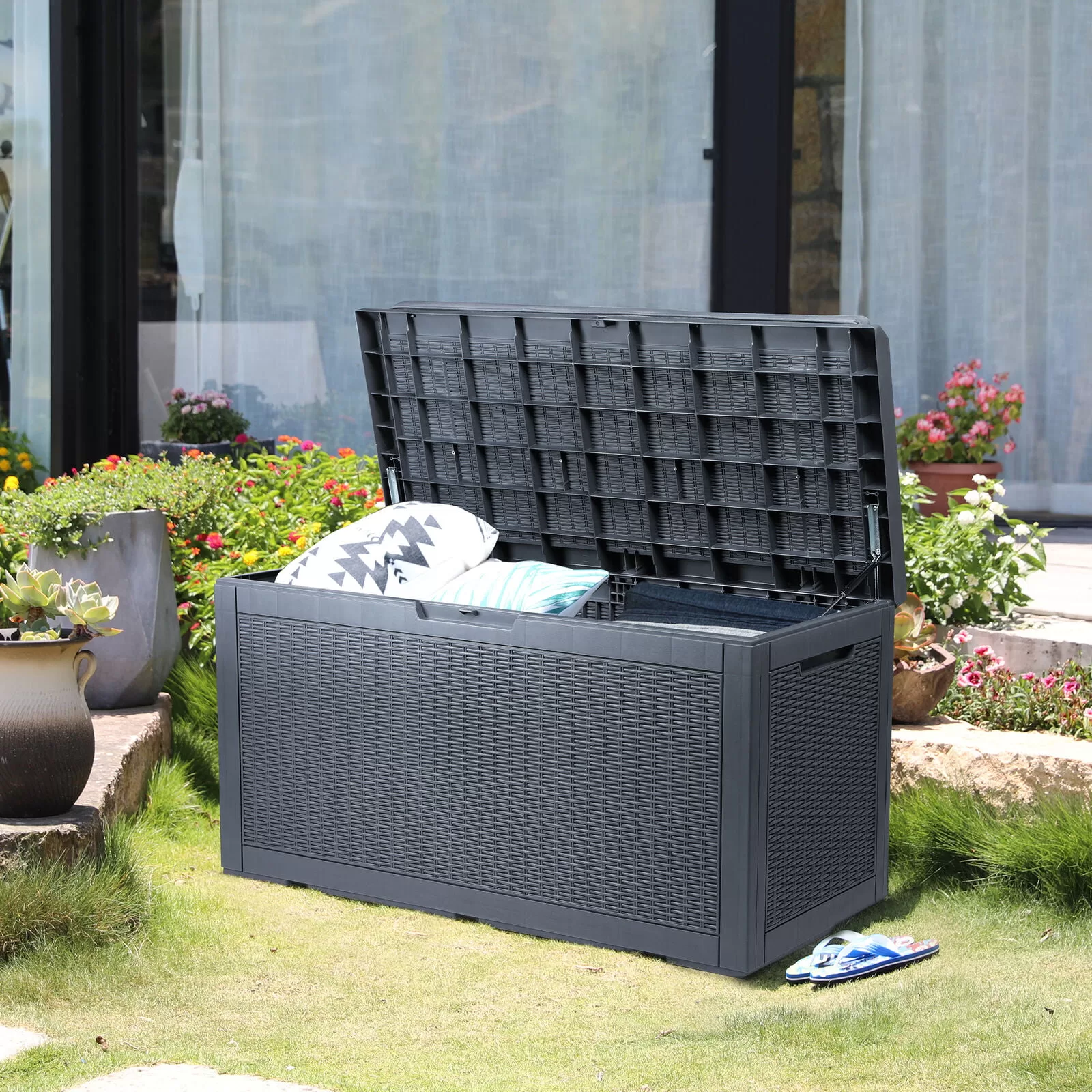 YITAHOME 100gal Large Outdoor Storage Deck Box Patio Container Organizer Bin with Cushion Seating Waterproof, Gray
