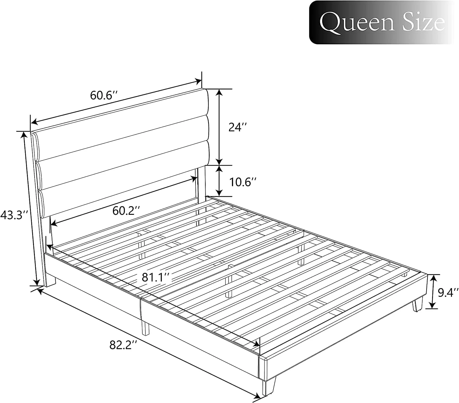 Allewie Queen Size Platform Bed Frame with Fabric Upholstered Headboard, Dark Grey