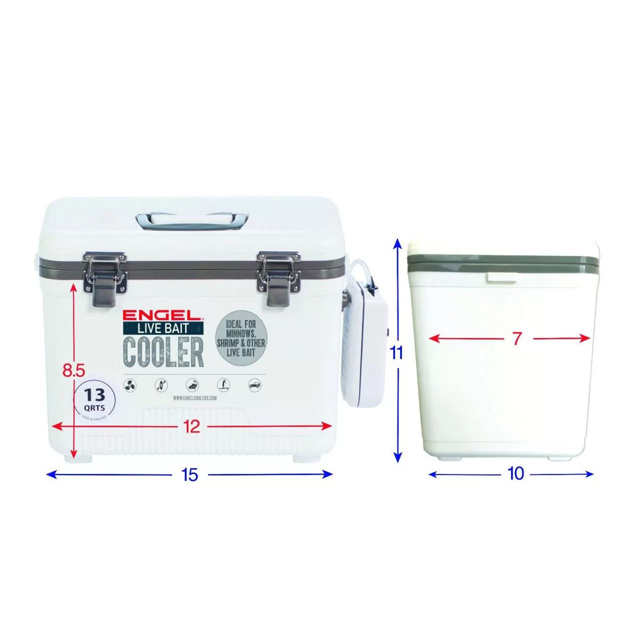 Engel 13 Quart Hard Sided Live Bait Fishing Dry Box Cooler with Pull Net, White