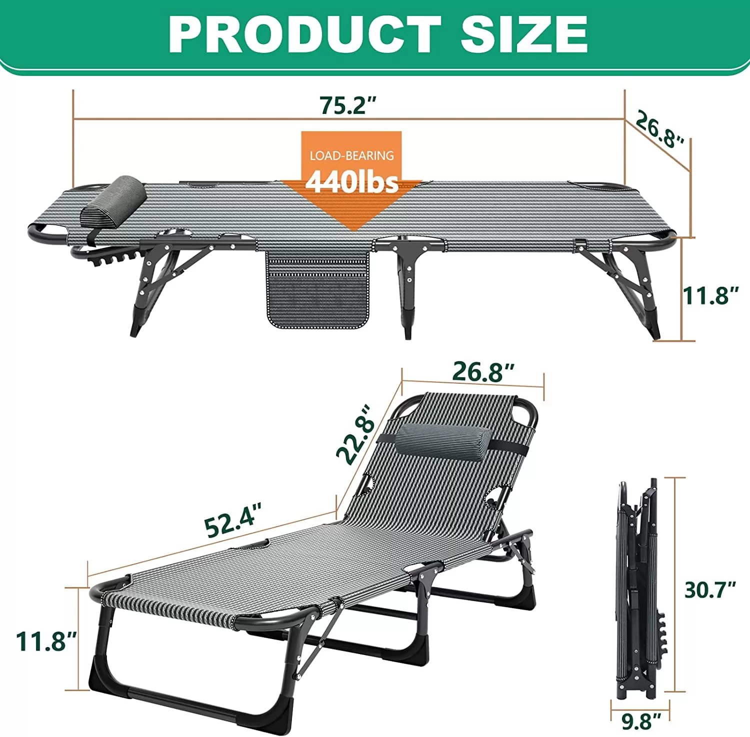 Slsy Folding Sleeping Cots Bed with 2 Sided Mattress & Pillow, Folding Camping Cot, Adjustable 4-Position Folding Lounge Chair