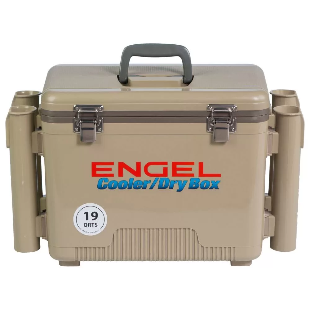 Engel 19 Quart Fishing Rod Holder Attachment Insulated Dry Box Ice Cooler, Tan