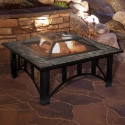 Fire Pit Set, Wood Burning Pit - Includes Screen, Cover and Log Poker - Great for Outdoor and Patio, 33 inch Square Marble Tile Firepit by Pure Garden