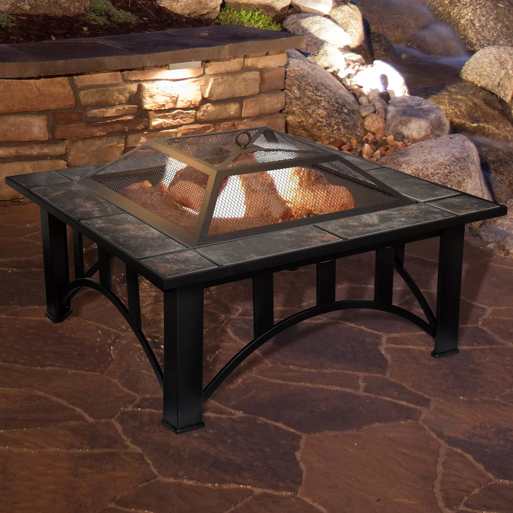 Fire Pit Set, Wood Burning Pit - Includes Screen, Cover and Log Poker - Great for Outdoor and Patio, 33 inch Square Marble Tile Firepit by Pure Garden