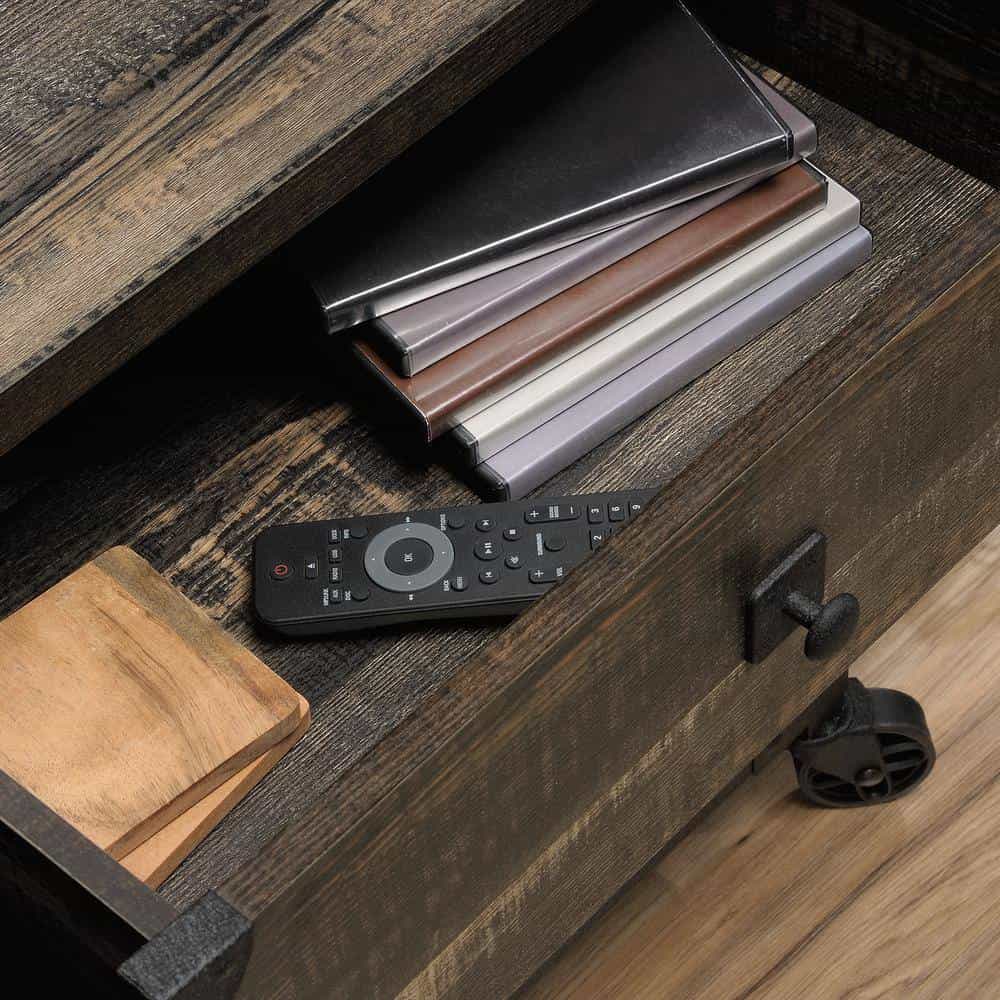 SAUDER Steel River 49 in. Carbon Oak Particle Board TV Stand with 2 Drawer Fits TVs Up to 55 in. with Built-In Storage