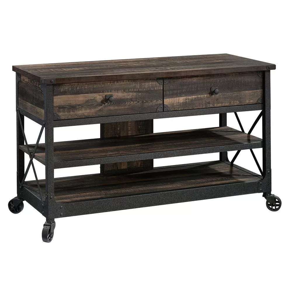 SAUDER Steel River 49 in. Carbon Oak Particle Board TV Stand with 2 Drawer Fits TVs Up to 55 in. with Built-In Storage