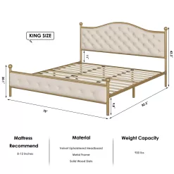 Homfa King Size Bed Frame, Metal Tubular Platform Bed - Beige - King