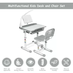 Gymax Height Adjustable Kids Desk Chair Set Study Drawing w/Lamp & Bookstand Gray