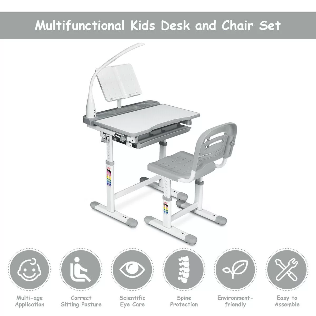 Gymax Height Adjustable Kids Desk Chair Set Study Drawing w/Lamp & Bookstand Gray