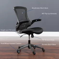 Flash Furniture Kelista Mid-Back Black Mesh Swivel Ergonomic Task Office Chair with Flip-Up Arms, BIFMA Certified