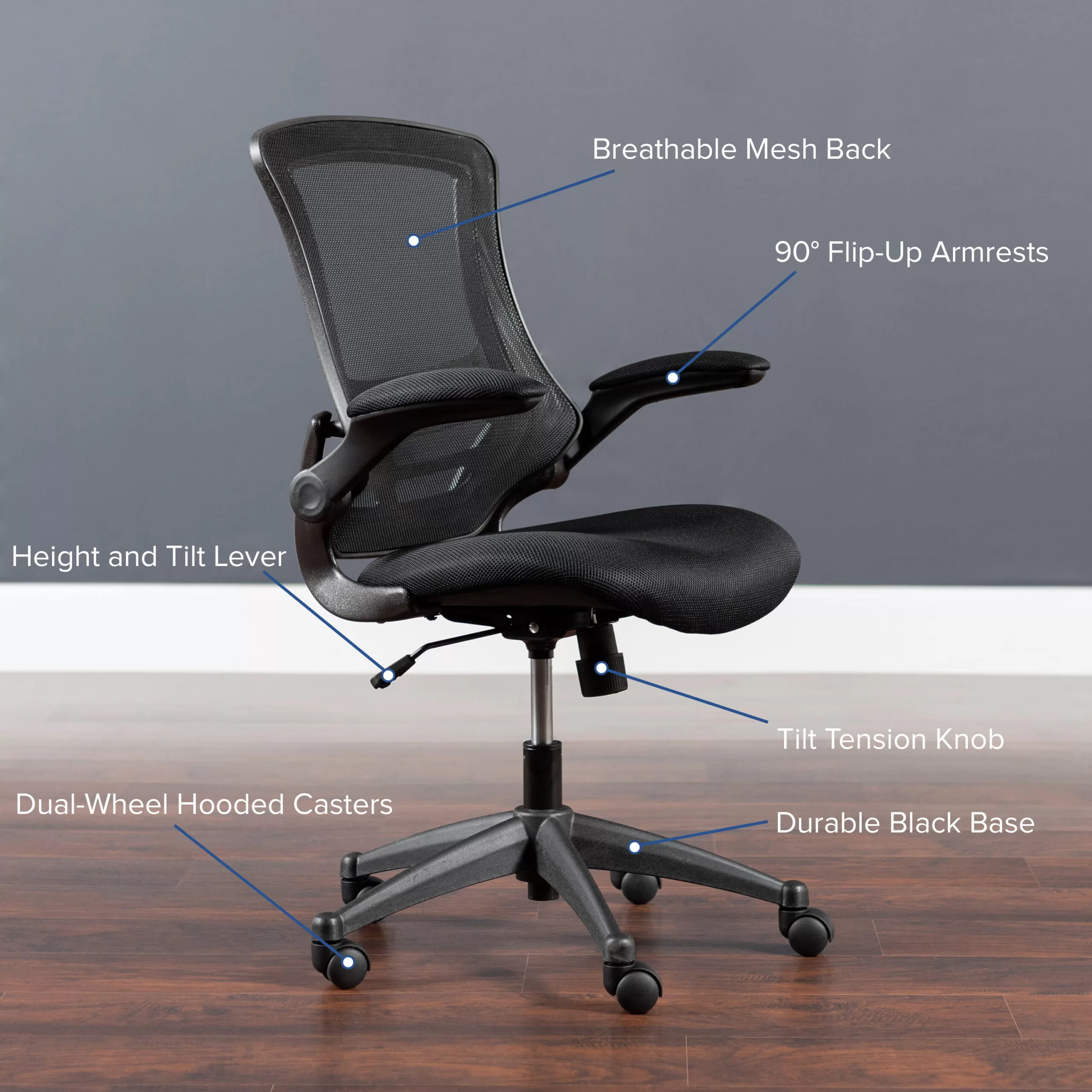 Flash Furniture Kelista Mid-Back Black Mesh Swivel Ergonomic Task Office Chair with Flip-Up Arms, BIFMA Certified