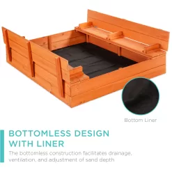 Best Choice Products 47x47-Inch Kids Wooden Outdoor Sandbox w/ 2 Foldable Bench Seats, Liner - Brown
