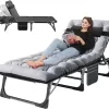 ABORON Portable Folding Camping Cot with 2 Sided Mattress & Pillow, Adjustable 4-Position Adults Reclining Folding Chaise, Folding Guest Bed