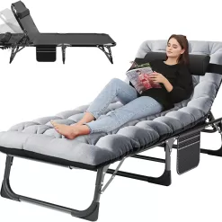 ABORON Portable Folding Camping Cot with 2 Sided Mattress & Pillow, Adjustable 4-Position Adults Reclining Folding Chaise, Folding Guest Bed