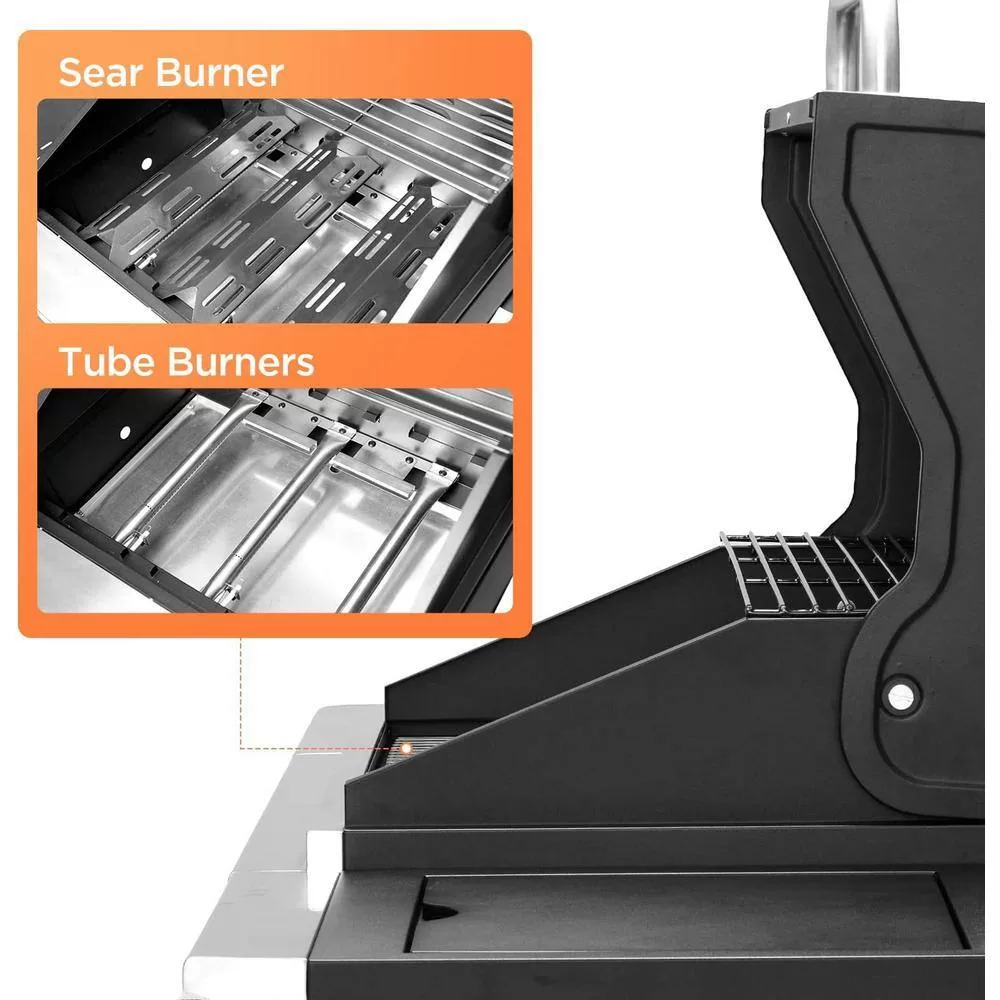 Cesicia AN016orange9 Outdoor BBQ 3 Burner Propane Grill Stainless Steel Gas Grill with Side Burner and Thermometer in Silver and Black