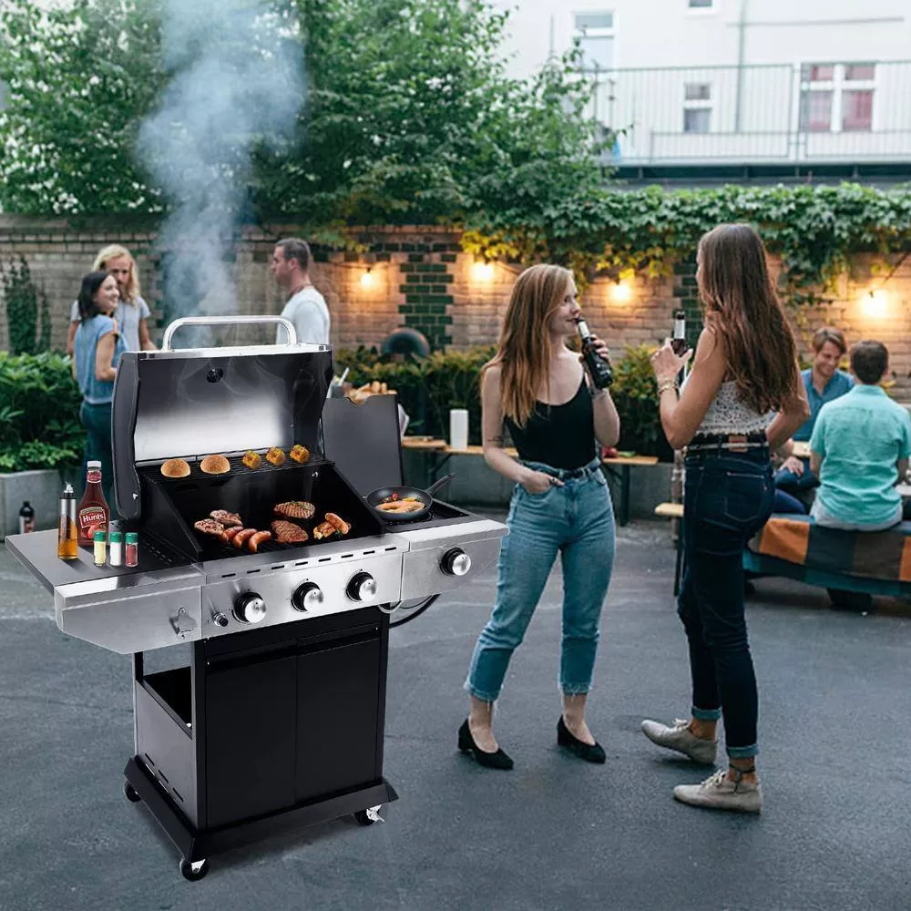 Cesicia AN016orange9 Outdoor BBQ 3 Burner Propane Grill Stainless Steel Gas Grill with Side Burner and Thermometer in Silver and Black