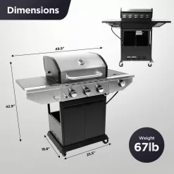 Cesicia AN016orange9 Outdoor BBQ 3 Burner Propane Grill Stainless Steel Gas Grill with Side Burner and Thermometer in Silver and Black