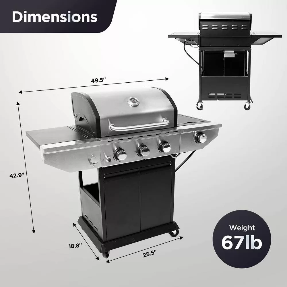 Cesicia AN016orange9 Outdoor BBQ 3 Burner Propane Grill Stainless Steel Gas Grill with Side Burner and Thermometer in Silver and Black