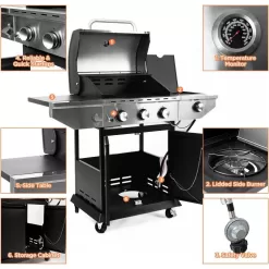 Cesicia AN016orange9 Outdoor BBQ 3 Burner Propane Grill Stainless Steel Gas Grill with Side Burner and Thermometer in Silver and Black